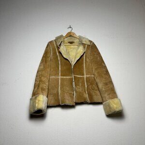 VTG Arden B. Pig Suede Faux Fur Classic Coat Jacket Women L Tan Cream Hook 90s